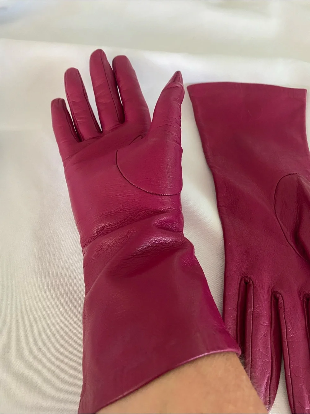 Neiman Marcus Women's Leather Mid-Forearm Length Silk Lined Gloves in Raspberry